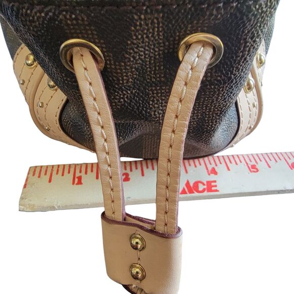 Michael Kors Brown Monogram Drawstring Satchel Handbag Purse Double Top Handle - Picture 16 of 16